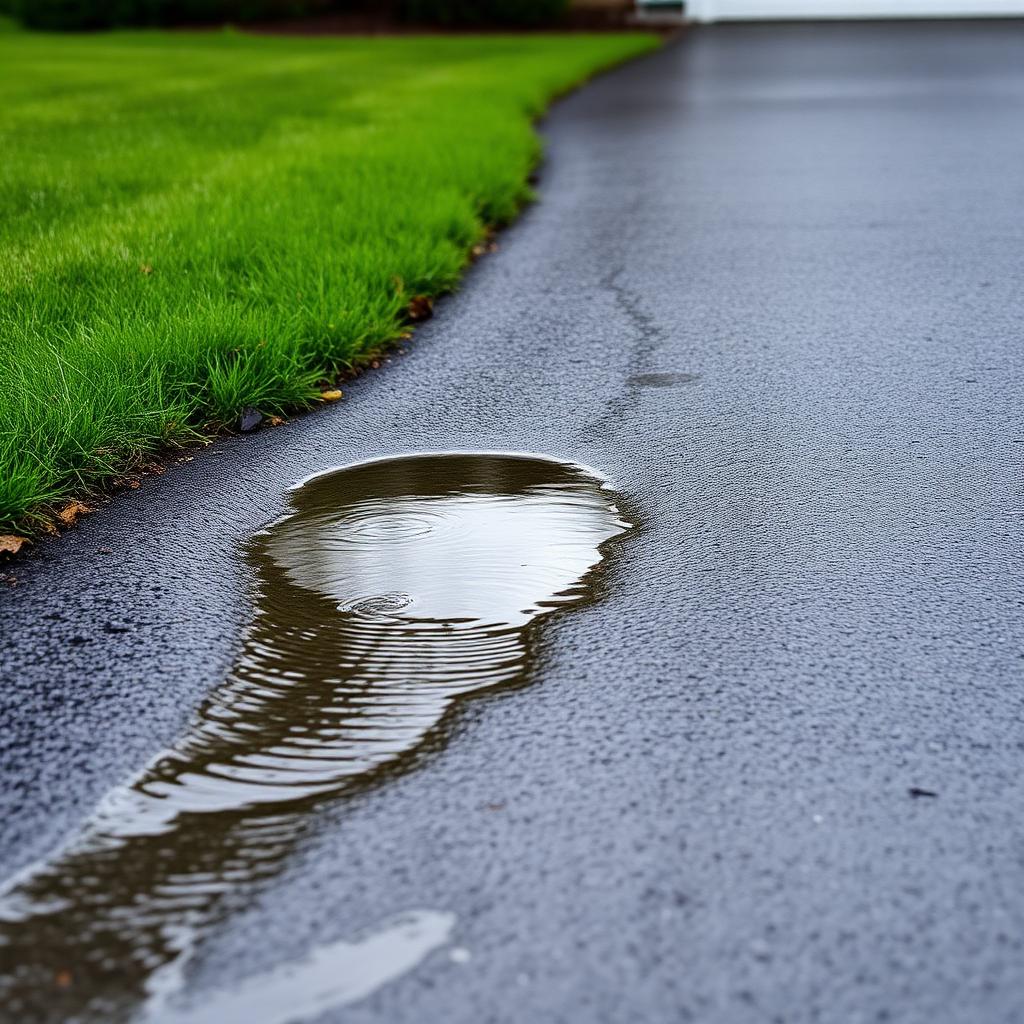 Rainwater pooling on a Minnesota asphalt driveway next to a green lawn edge