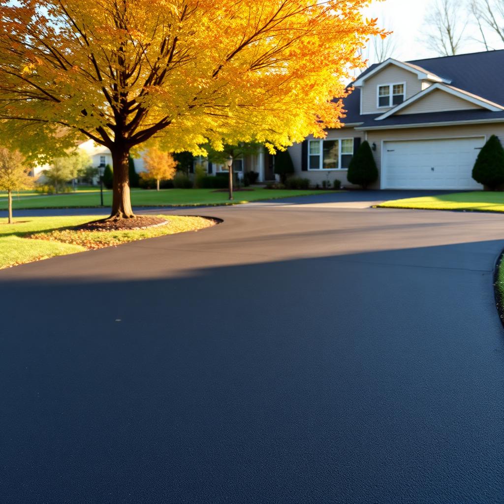 Freshly sealcoated asphalt driveway in front of a Minnesota home in early autumn