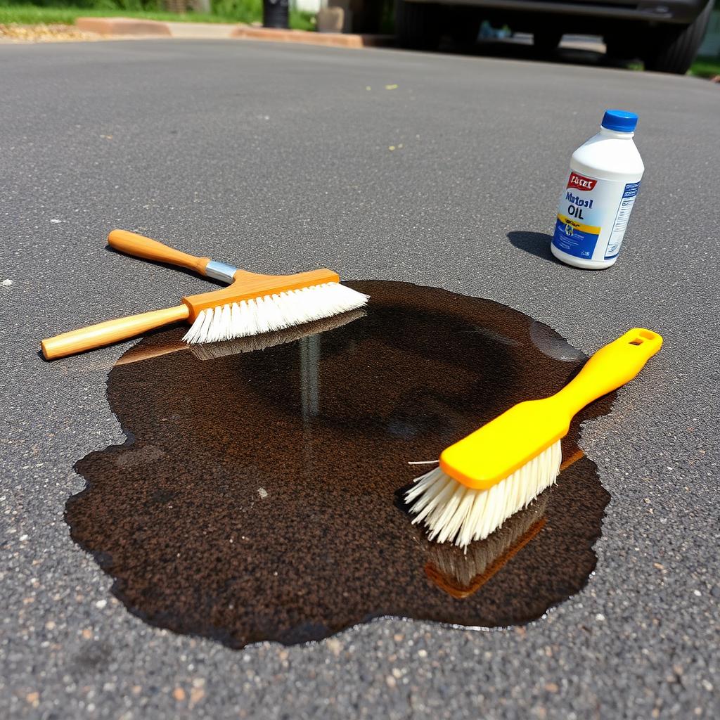 Cleaning a motor oil stain off an asphalt driveway with a scrub brush and degreaser
