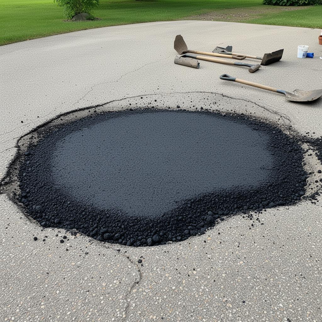 Hot mix asphalt pothole patch repair on a Minnesota driveway